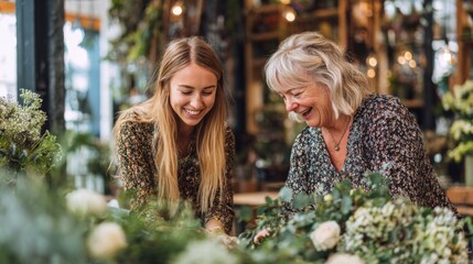 Young woman and elderly woman arranging flowers together in a shop  