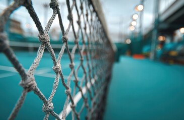 Close-up of a sports net on a vibrant outdoor tennis or volleyball court with a blurred background