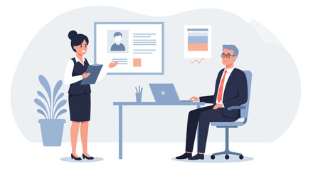 Businesswoman Presenting Information to Businessman in Office.