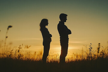 Silhouette of couple standing apart during warm sunset amidst field grass