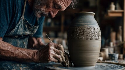 Elderly man creating a decorative vase on pottery wheel in studio  