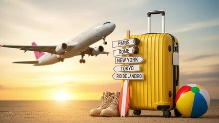 Yellow suitcase and signpost with destinations like paris, rome, new york, tokyo, and rio de janeiro, with an airplane flying in the sky during sunset, symbolizing travel and adventure
