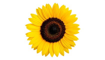 Obraz premium Vibrant yellow sunflower with dark brown center, isolated on white background