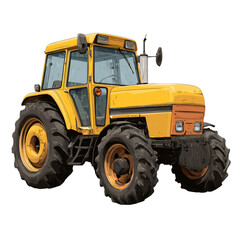 Fototapeta premium Yellow Tractor With Large Black Tires Isolated On Transparent Background, PNG