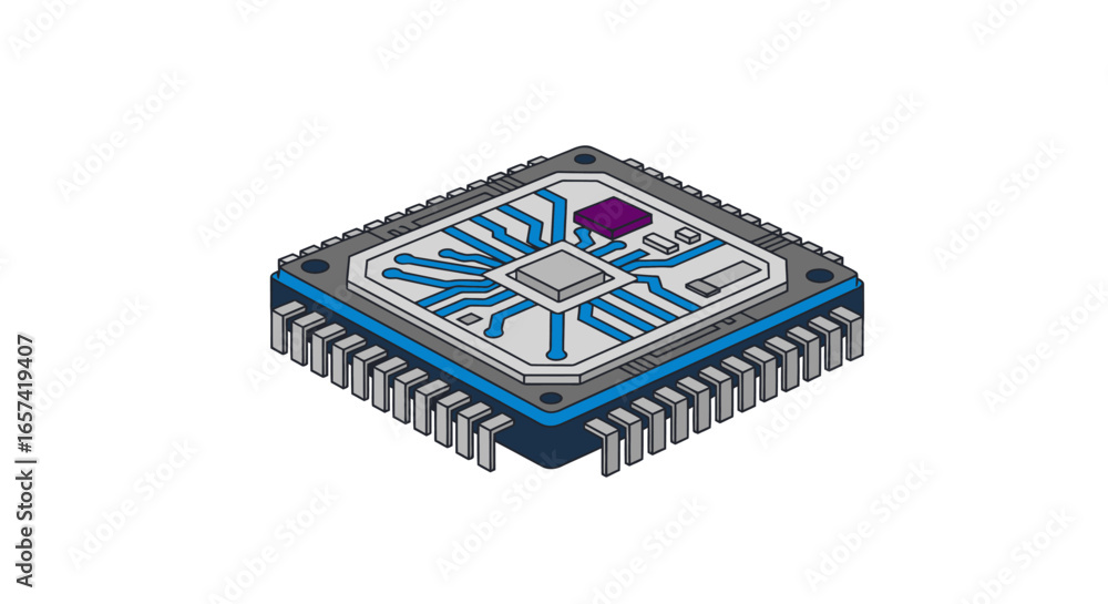 Poster isometric illustration of microchip perfect for tech startups electronics and ai websites needing a 