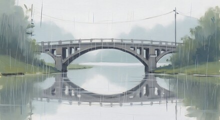 Obraz premium A serene bridge mirroring in tranquil water during a misty day. 