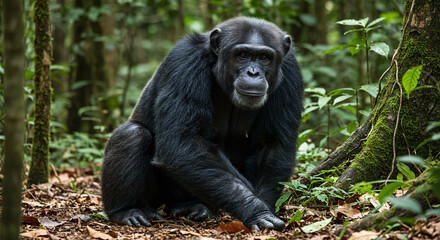 A large, adult chimpanzee sits on the leaf-covered forest floor, looking directly at the camera with an intelligent and calm expression