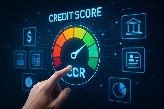 Close up view of a credit score gauge on a digital screen with a hand pointing at CCR.