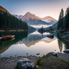 Scenic Mountain Lake with Reflections at Sunrise