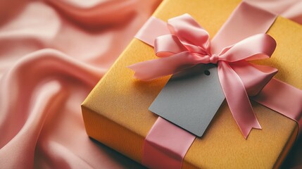 Bright gift box wrapped in pink ribbon.