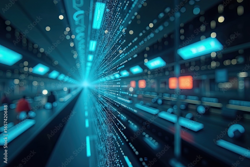 Poster digital tunnel perspective with glowing lights and data streams.