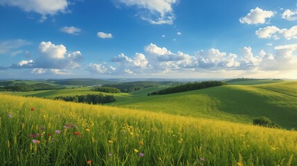 Obraz premium Summer Landscape, rolling green hills under bright blue sky with fluffy clouds, golden fields glowing in sunlight, wildflowers blooming, serene and vibrant nature view