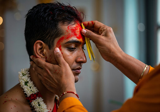Macro Close Up of Elder Applying Red Tika and Yellow Jamara on Younger Forehead During Dashain Ceremony