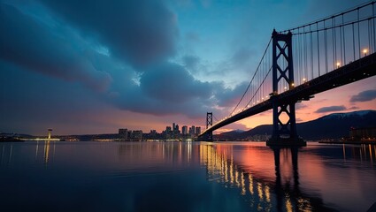 Fototapeta premium A serene cityscape at dawn, with a magnificent bridge spanning the calm water.