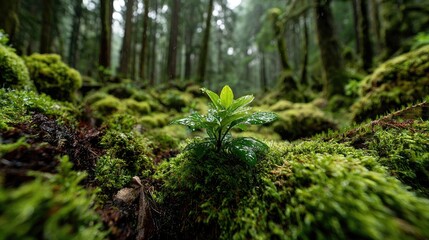Obraz premium Lush green sprout amidst mossy forest floor