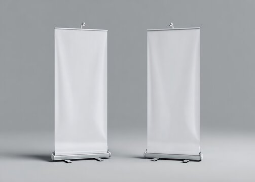 Two white vertical retractable banners on a grey background