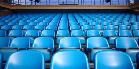 Fototapeta premium Empty blue stadium seats; rows await trade talks audience, international, blue