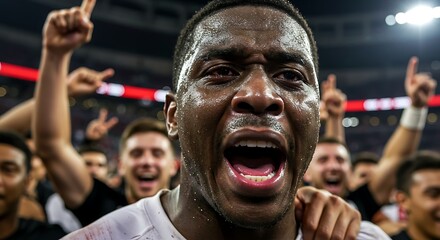 An emotional closeup of a football player celebrating a victory. He shouts with passion and joy surrounded by his cheering team and fans.