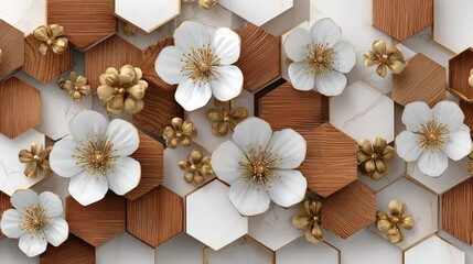Floral hexagon pattern, wood and marble