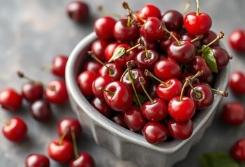 Luscious red cherries overflowing a chic grey heart-shaped bowl, summer fruit, healthy