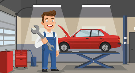 Obraz premium Smiling Mechanic Holding Wrench Near Red Car in Garage.