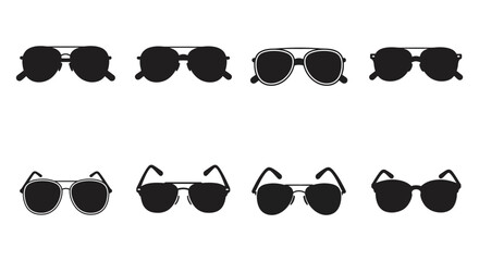 Collection of various black sunglasses in different styles and shapes on white background silhouette