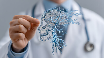 A doctor holding a paper cutout of human head with brain with electric currents. epilepsy, migraine seizure disorder, neurological disorder, migraines, brain waves, mental health concept.