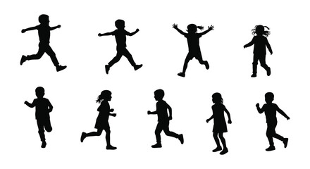 People running and jumping in various poses on white background silhouette