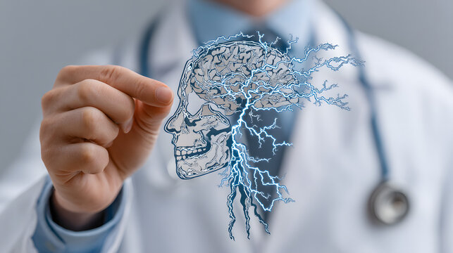 A doctor holding a paper cutout of human head with brain with electric currents. epilepsy, migraine seizure disorder, neurological disorder, migraines, brain waves, mental health concept.
