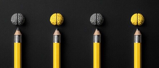 Four pencils, each with a gray or yellow brain model on top, on a black background