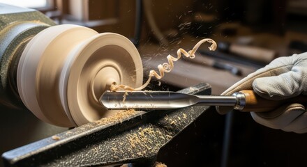 Woodturning in Action: Detailed View of a Bowl Being Shaped with Tool