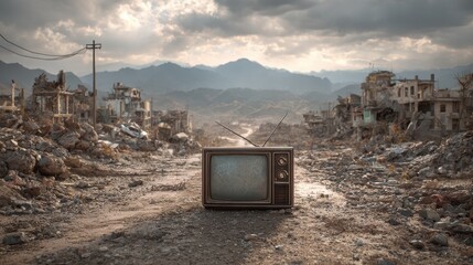 TV Explosion. Post-Apocalyptic City with Abandoned TV in Ruins