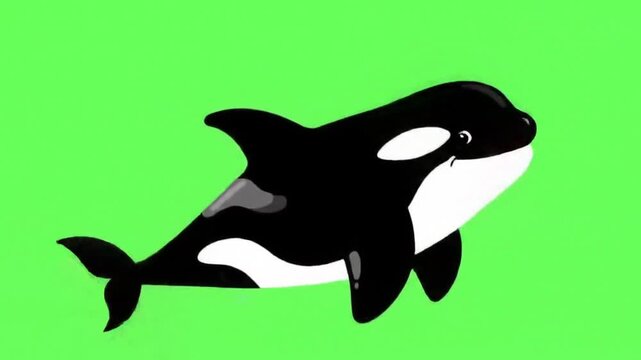 Vibrant killer whale cartoon illustration on green background with white accents