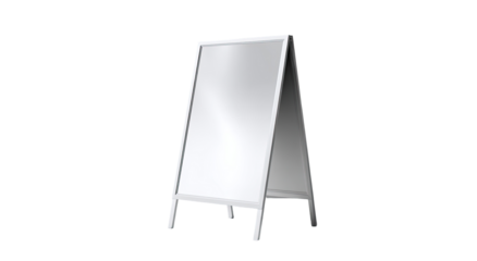 A gray, angled, freestanding signboard.  A blank, reflective surface is displayed