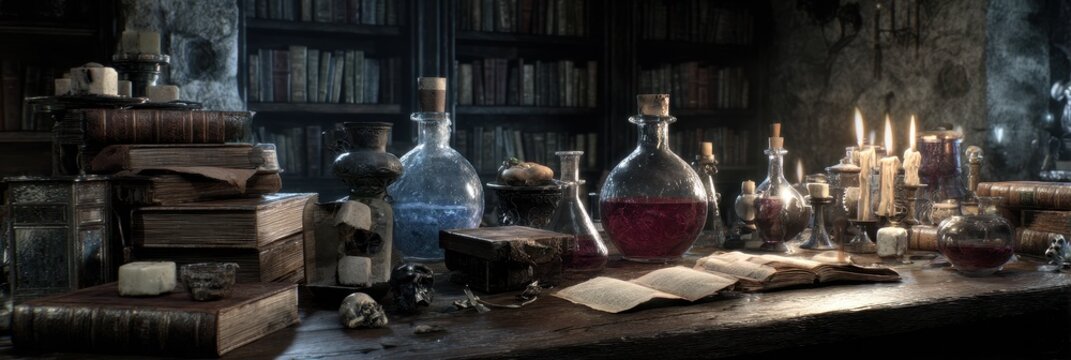 Wizard Library: Dark and Creepy Sorcerer's Room with Old Books, Magic Potions, and Mysterious Artifacts