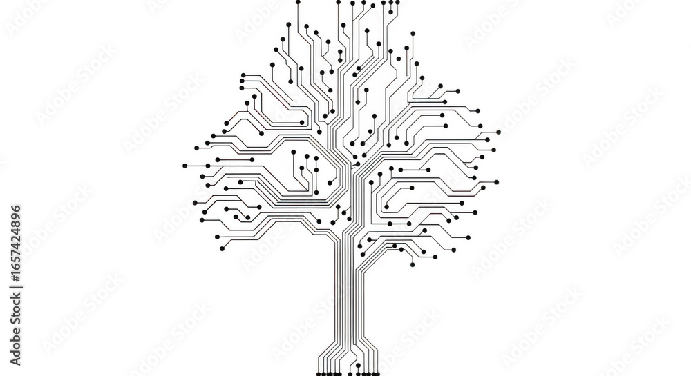 Poster abstract tree made of electronic circuit board traces and nodes, symbolizing technology and growth, 