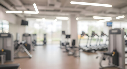 Modern gym with treadmills and cardio machines in bright interior, blurred background.