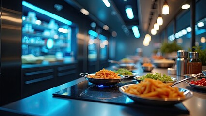 Food preparation area with cooked vegetables and ready-made dishes.