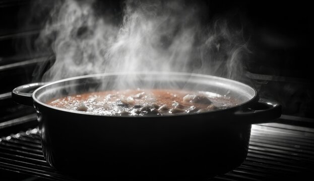 Close-up of a steaming hot pot filled with bubbling liquid and ingredients on a stove top