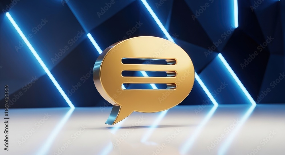 Poster golden 3d speech bubble glossy with neon light background for messages and communication