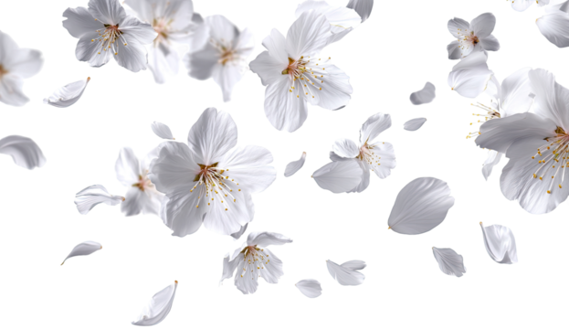 White cherry blossoms and petals in motion against a black background.  