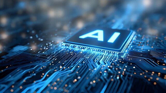 
AI logo on a circuit board background with glowing blue and black lines, a high-tech digital illustration