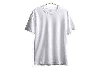 A plain white t-shirt hangs on a wooden hanger (1)