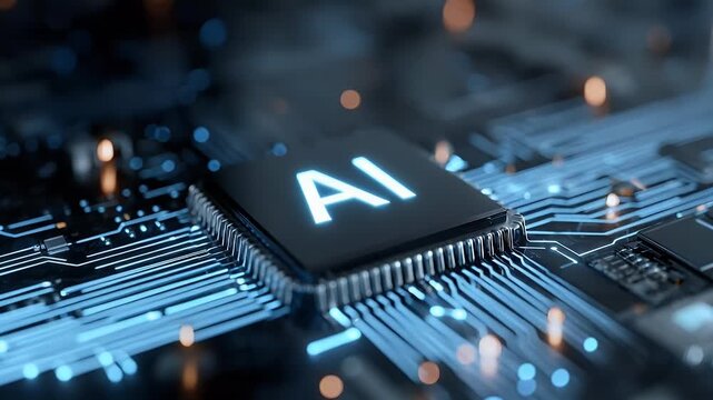 
AI logo on a circuit board background with glowing blue and black lines, a high-tech digital illustration
