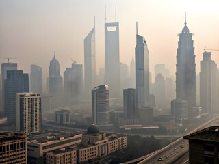 Fototapeta premium Panoramic view of modern skyscrapers in a hazy city skyline at sunrise with warm light