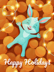 A festive New Year card. A cute rabbit surrounded by mandarins and glowing garlands, perfect for holiday greetings.