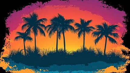 Palm tree silhouettes against a bright sunset