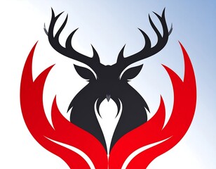 Stylized deer head emblem with red, flame-like accents