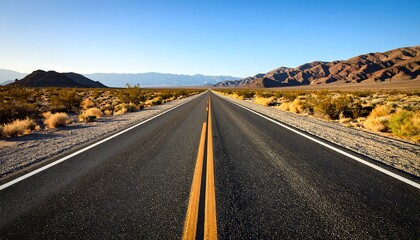 Endless Desert Highway Stretching Towards Distant Mountains Under a Clear Blue Sky.