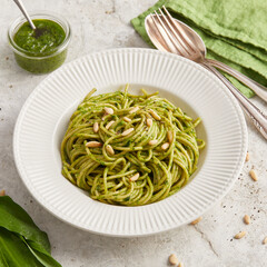 Spaghetti with wild garlic pesto